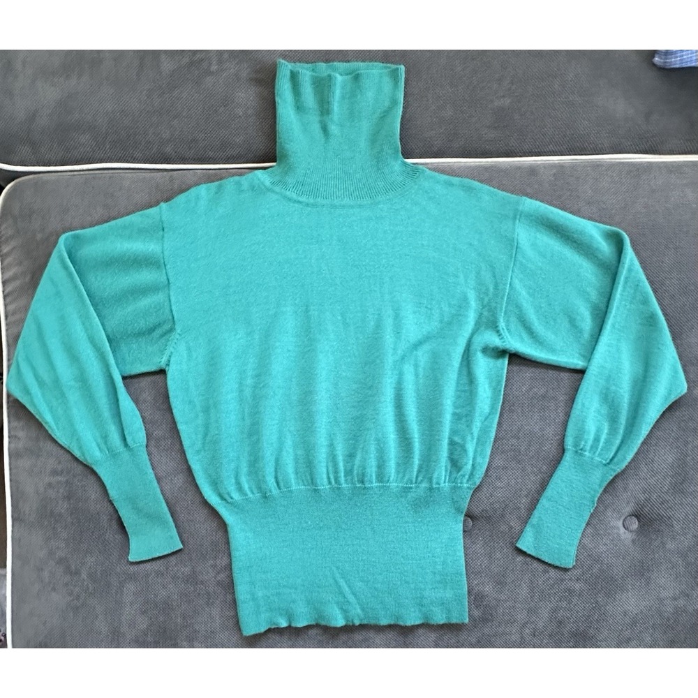 VTG 80s Meister Wool Blend Womans Turtleneck Sweater Cinched‎ Waist Aqua Medium